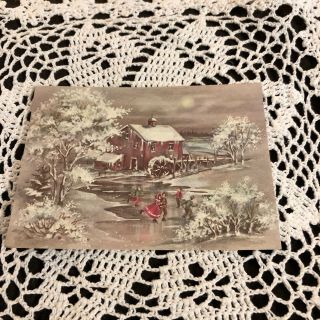 Vintage Greeting Card Christmas Mill Ice Skating Glitter Snow Trees