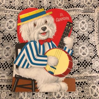 Vintage Greeting Card Valentine Grandpa Dog Banjo Norcross