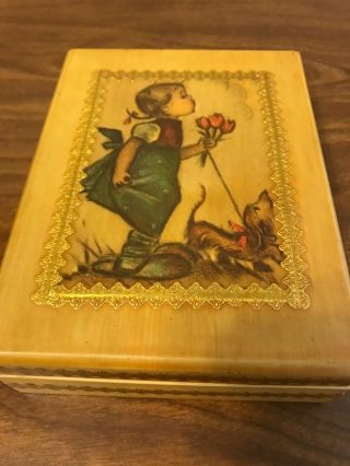 Vintage Wooden Box For Playing Cards Painted Girl With Dog