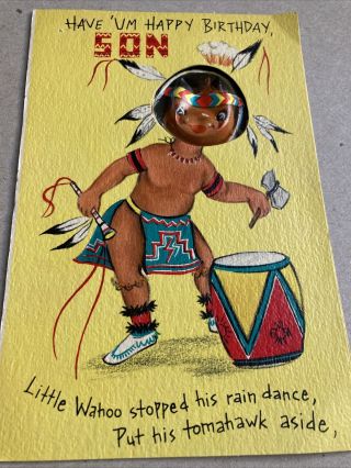 Vintage Hallmark Greeting Birthday Card Son 50’s Native American 3d Face Rare