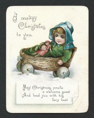 T19 - Girl And Doll Sitting In A Toy Wagon - Victorian Xmas Card