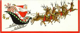 Santa Claus Reindeer Deer Sleigh Hallmark Slim Jim Vtg Christmas Greeting Card