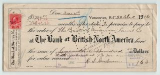 Admiral On Bank Of British North America Draft,  Vancouver Bc Canada 1916