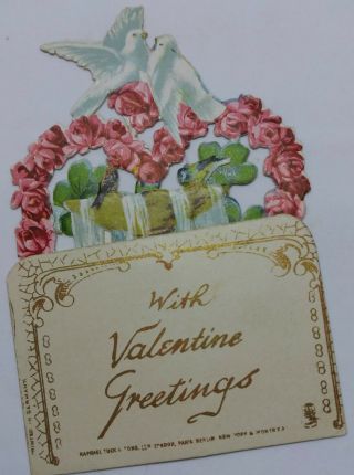 Small Antique Pop Up Valentine Card Die Cut Doves Fountain Roses Raphael Tuck