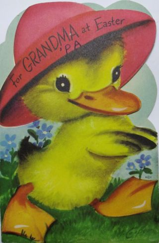 Vtg 1950 Rust Craft Easter Card Die Cut Tri Fold Duck Flower Cart Sig M.  Cooper