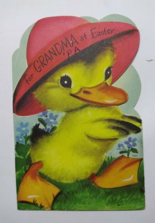 Vtg 1950 Rust Craft Easter Card Die Cut Tri Fold Duck Flower Cart sig M.  Cooper 2