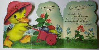 Vtg 1950 Rust Craft Easter Card Die Cut Tri Fold Duck Flower Cart sig M.  Cooper 3
