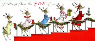 Family From Five Of Us Reindeer Deer Bedtime Candle Vtg Christmas Greeting Card