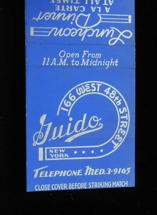1940s Guido Luncheon Dinner 166 West 48th Street Nyc Ny Matchbook York