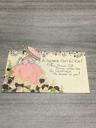 Vintage Greeting Card Bridal Shower Woman In Pink Dress Deco