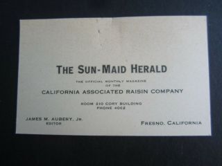 Old Vintage 1919 - Sun Maid Herald - Fresno Ca.  - Business Card - Raisins