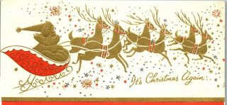 Gold Embossed Santa Claus Reindeer Deer Sleigh Vtg Christmas Greeting Card
