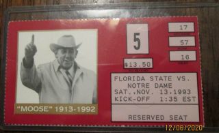 Notre Dame Vs Florida State Ticket Stub Game Played On 11/13/1993