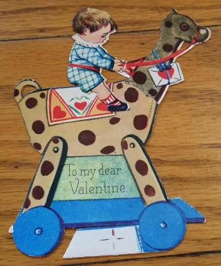 Mechanical Die - Cut Vintage German Valentine - Little Boy Riding Animal On Wheels