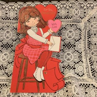 Vintage Greeting Card Front Valentine Cute Girl Sitting On Stool