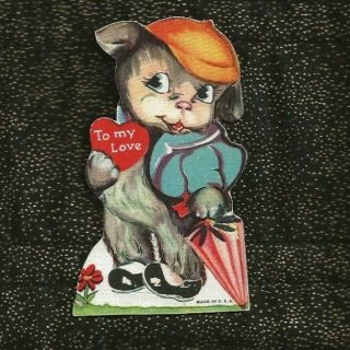 Vintage Die Cut Valentine Anthropomorphic Cat With Beret Coat & Umbrella