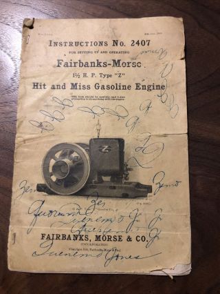 Instructions No 2407 Operating Fairbanks - Morse Hit & Miss Gasoline Engine 1915