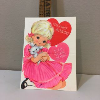 Vtg Valentine Card Pretty Blond Girl Pink Dress Kitty Cat Hallmark