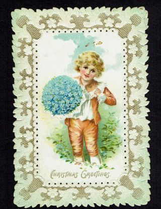 R Tuck Victorian Christmas Card Boy With Bunch Of Forget Me Nots Die Cut