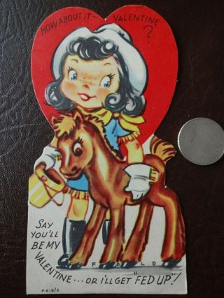 Vtg Valentine Card Cowgirl Pony Say You 