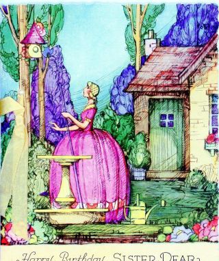 Vintage Art Deco Sister Birthday Greeting Card Lady In Pink Dress Cottage 2906