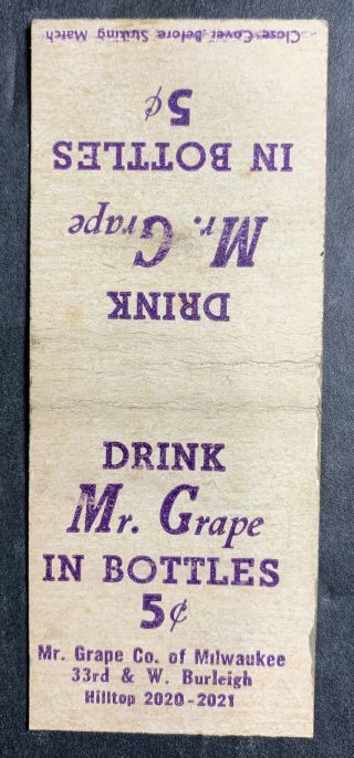 Drink Mr Grape Soda Matchbook Cover Milwaukee Wisconsin