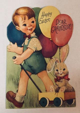 Vtg 1959 Rust Craft Easter Greeting Card Boy Rabbit Grandson Glitter Diecut