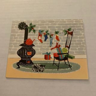 Vintage Greeting Card Christmas Black Stove Cat Kitten Chair