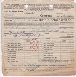 Vintage Bill Of Lading Memorandum B.  F.  Bond Paper Company Baltimore Md 1924