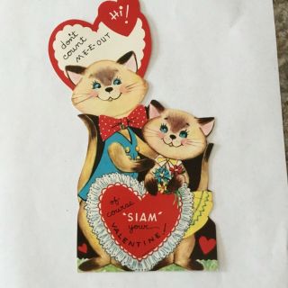 Vintage 1950 - 60’s Mechanical Valentine Card Siamese Cats
