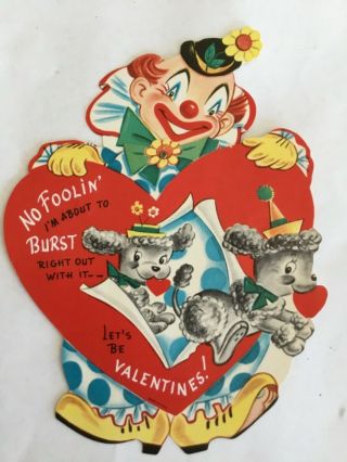 Large Vintage 1950 - 60’s Mechanical Valentine Card Clown With Poodles