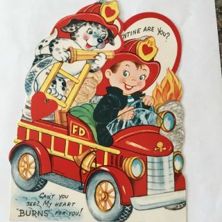 Large Vintage 1950 - 60’s Mechanical Valentine Card Fireman Fire Truck Dog