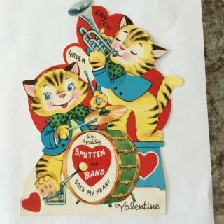 Vintage 1950 - 60’s Mechanical Valentine Card Kitten Cat Band