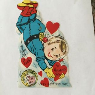 Vintage 1950 - 60’s Mechanical Valentine Card Astronaut Space Theme