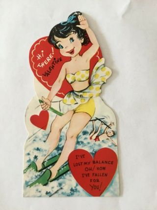 Vintage 1950 - 60’s Mechanical Valentine Card Girl Water Skiing