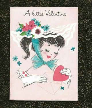 Vintage Hallmark Valentine Pink & Black Young Woman In Hat With Flowers & Gloves