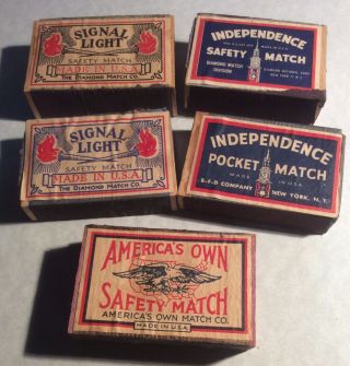 5 Different Old Wood Usa Matchboxes Signal Light,  Independence,  America 