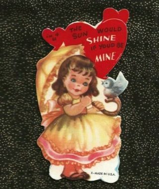 Vintage Unsigned Die Cut Valentine Girl With Parasol And Matching Dress Bluebird