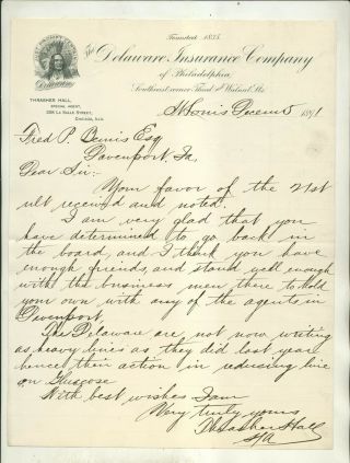 1891 Letter From Thrasher Hall St Louis Of The Delaware Insurance Co Of Philly