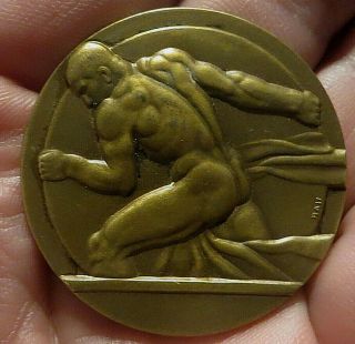 Vintage Art Wrestling Medal/ Mythologiy Muscular Nude Man Sisiyphus By Rau