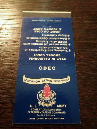 Vintage Matchcover: Us Army Cdec Fort Ord,  Ca Dd