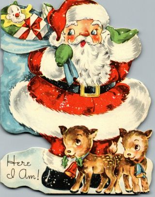 Santa Claus Reindeer Deer Diecut Toys Bells Fawn Vtg Christmas Greeting Card