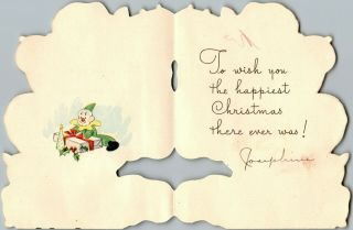 Santa Claus Reindeer Deer Diecut Toys Bells Fawn VTG Christmas Greeting Card 2