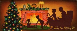 From The Four Of Us Fireplace Family Glitter Tree Vtg Christmas Greeting Card