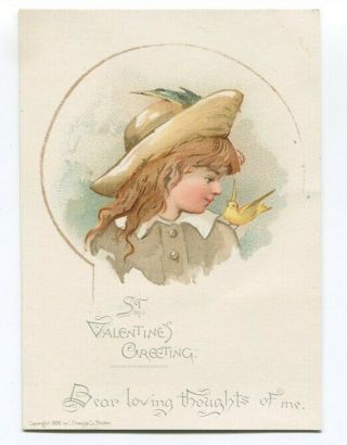 118 Antique Prang Valentine Card - Little Girl And Bird - 1886