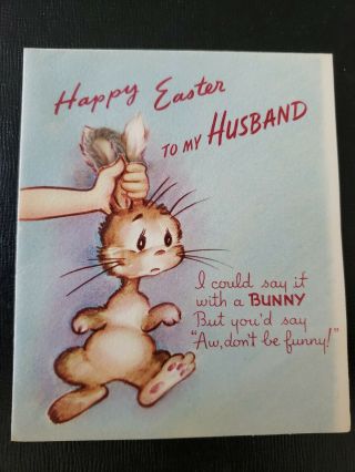 Vtg 1940s Rust Craft Easter Greeting Card Bunny Humorous Husband Yarn Ear Lily