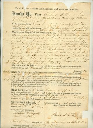 1821 Land Deal/deed Re Richard W Law & Pameacha Manufacturing Co Middletown Ct