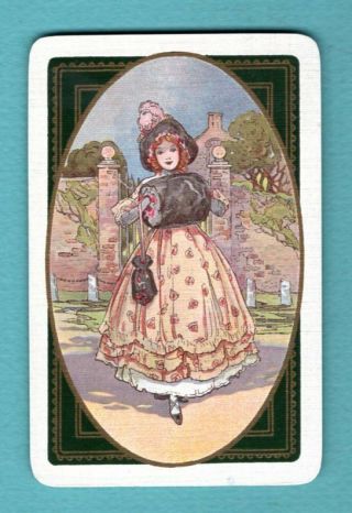 1 Single Swap Playing Card Cute Young Lady W Muff Linen Pretty Girl Vintage Deco