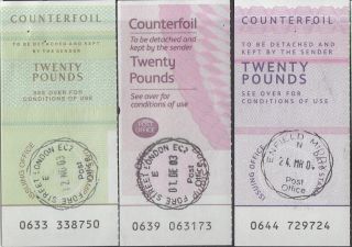 Price British Postal Order £20 Counterfoils: Three Different Types 2003 - 4