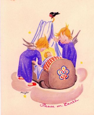 Vintage Angela Christmas Greeting Card 2 Angels Watching Baby In Cradle 2138